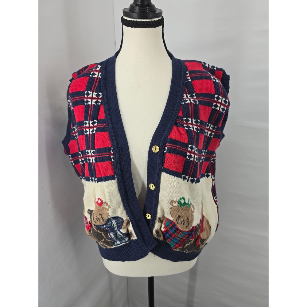 Sweater Loft Vintage Teddy Bear Plaid Knit Cardigan Vest Large USA